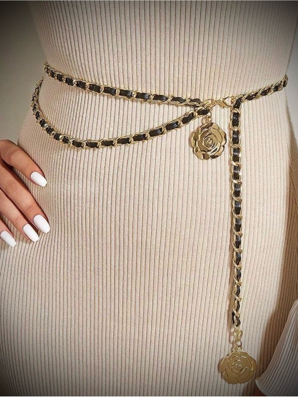 Gold and Black Chain Waist Belt with Rose Medallions